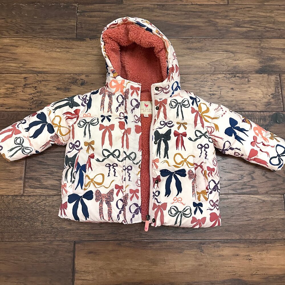 Pink Chicken Bows Pattern Puffer Coat